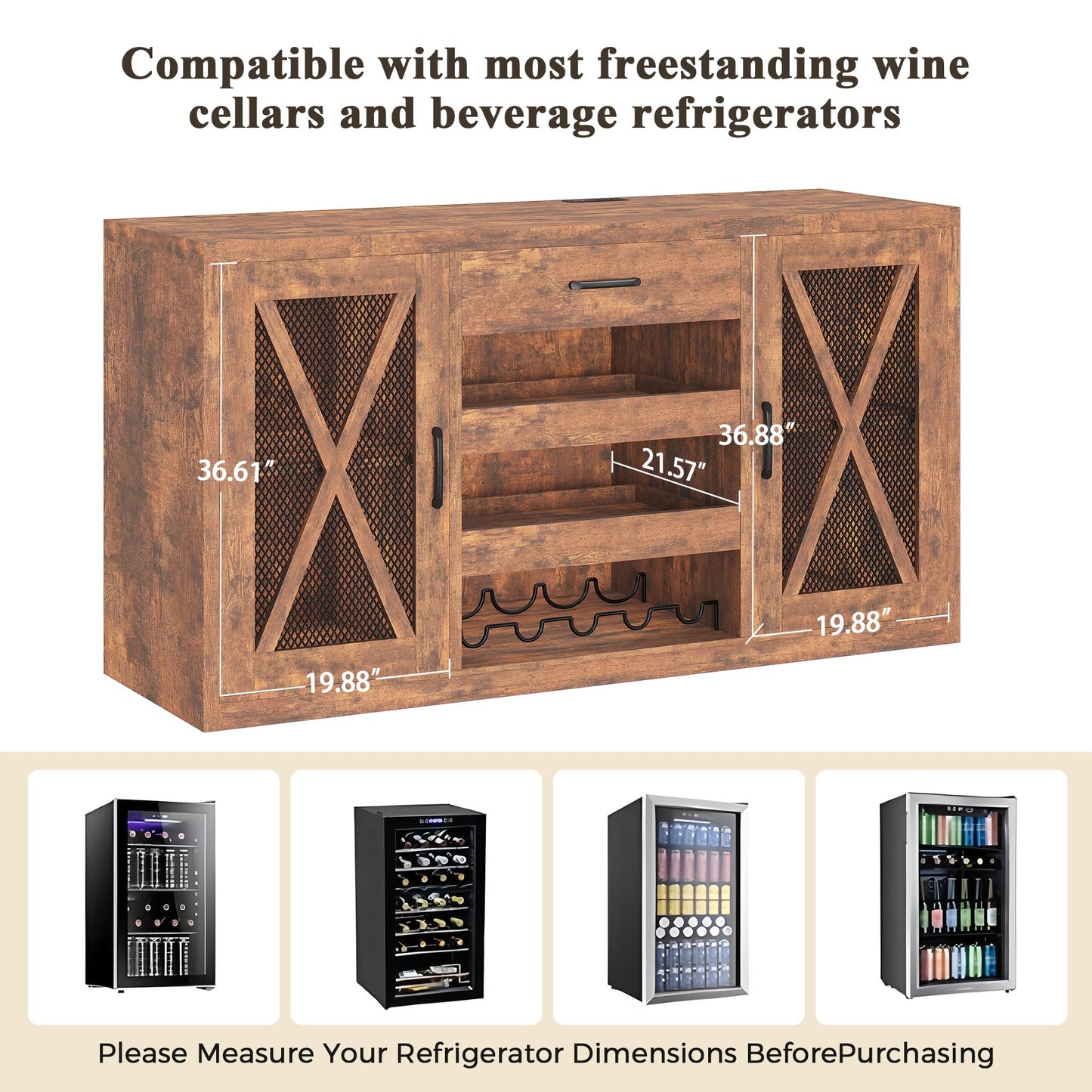 Jocoevol Large Coffee Bar Cabinet with Fridge Space, Mini Fridge Cabinet with Power Outlets and Wine Rack, Farmhouse Design Liquor Cabinet for Living Room, Kitchen, Entryway, Rustic Brown