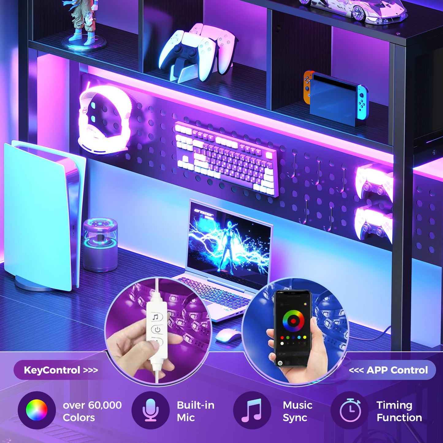 Small Black L Shaped Gaming Desk with Hutch , 47 Inch Corner Gaming Desk with Storage Shelves for Bedroom Small Space, Reversible L-Shaped Computer PC Desks with Pegboard LED Light for Kids Boys Girls