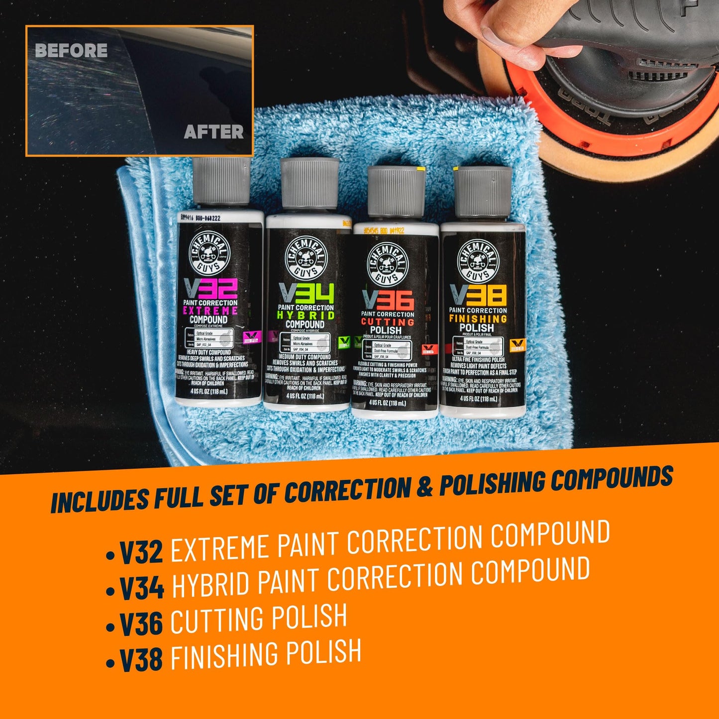 Chemical Guys TORQX Random Orbital Polisher, Pads, Polishes, and Compounds Kit - Car Polishing Kit Safe for Trucks, SUVs, Motorcycles, and More, 700W Motor, 8mm Orbit, 9-Piece Set