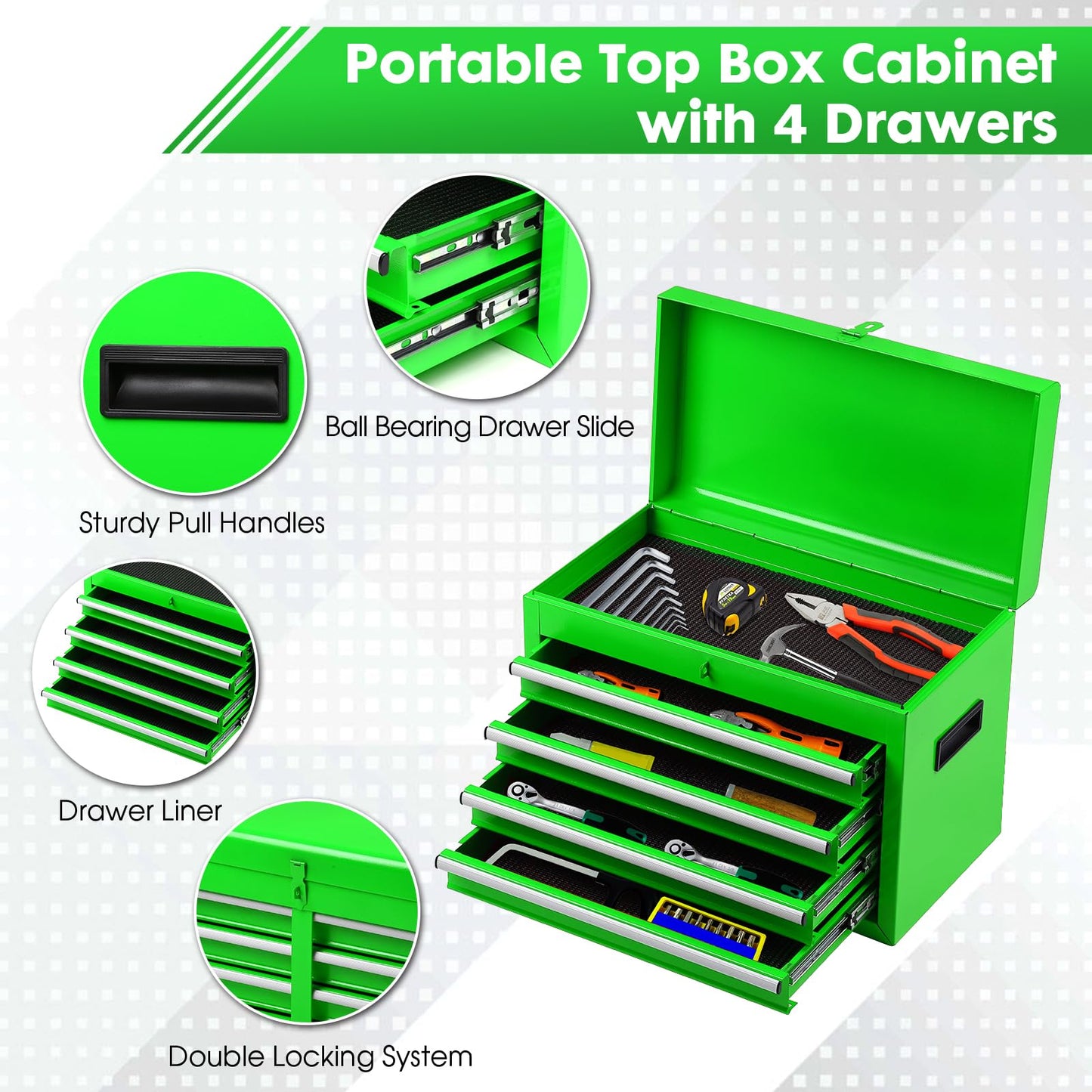 Dawmilon 5-Drawer Rolling Tool Chest with Wheels - Large Tool Storage Cabinet with Detachable Toolbox for Repair Room,Warehouse - Rolling Tool Box with Hooks,Liners, Green