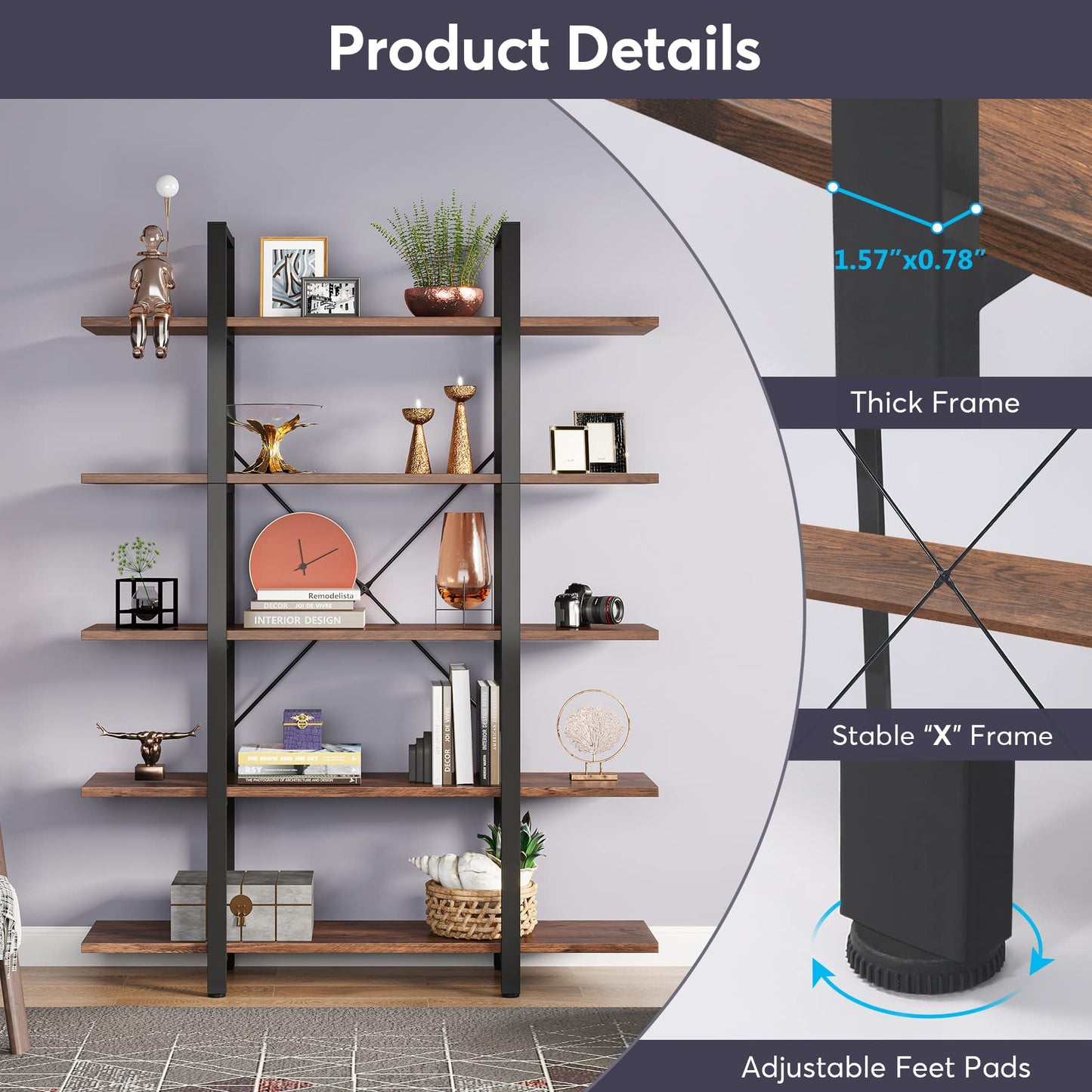 Tribesigns 5-Tier Bookshelf, Vintage Industrial Style Bookcase 72 H x 12 W x 47L Inches