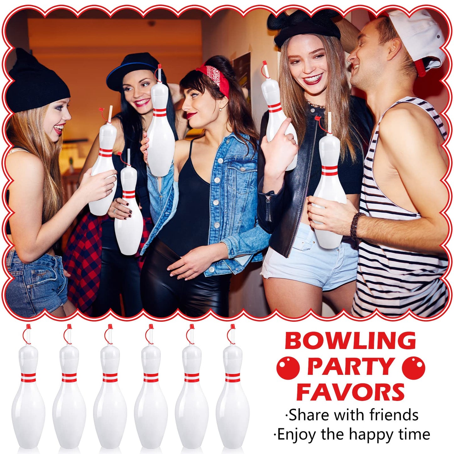 Funtery 12 Set Bowling Lovers Gifts for Men Women 25 oz Reusable Bowling Pin Plastic Water Bottles with Straws and Lids Sports Fans