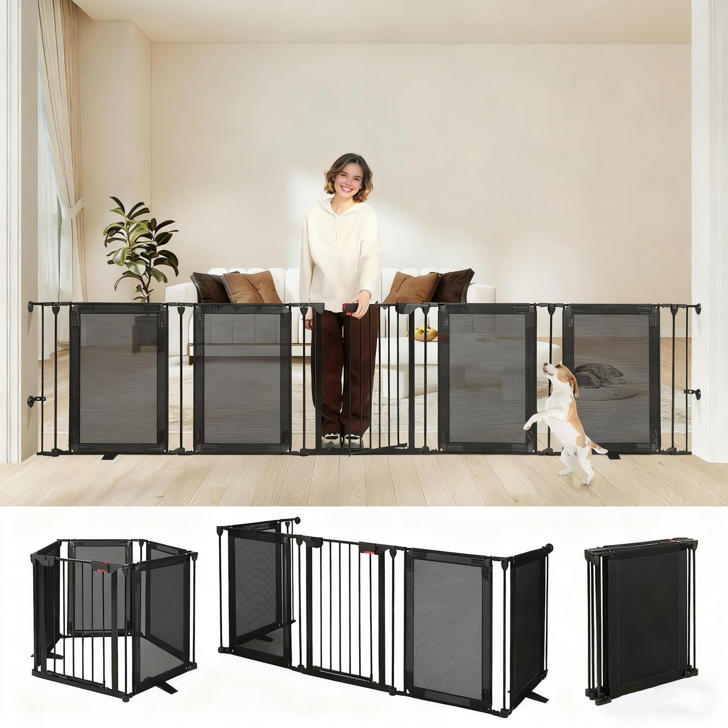 HIDOG Dog Gate Foldable Pet Playpen Extra Wide 29"-126", Auto Close Pet Gate Dog Fence Pressure Mounted Walk Through Swing Safety Pet Fence Indoor Puppy Date for Stairs, 29" Height-5 Panels, Black