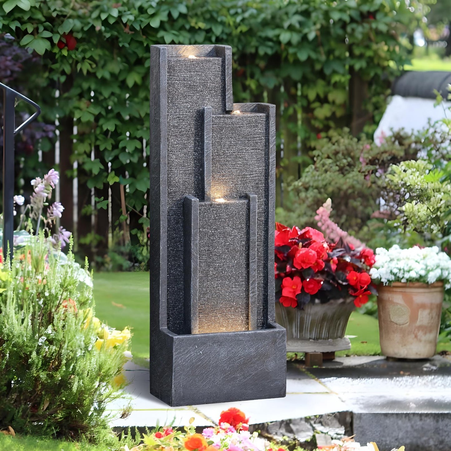 Takamota Modern Outdoor Water Fountain with Lights&Pump, Cascading Waterfall Feature Outdoor, Resin Standing Garden Fountain for Landscaping, Patio, Balconie, Yard Decor, Indoor Water Feature, Grey