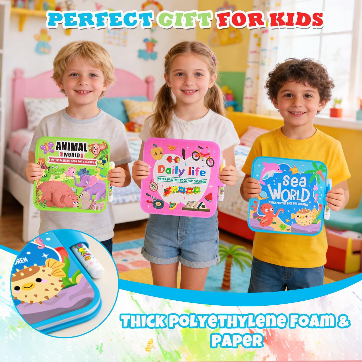 YECHISY Reusable Water Painting Books for Kids: 3 Pack Mess-Free Magic Water Coloring Books - Paint with Water Books, No Mess Coloring Travel Activity Toys for Toddlers Ages 3+