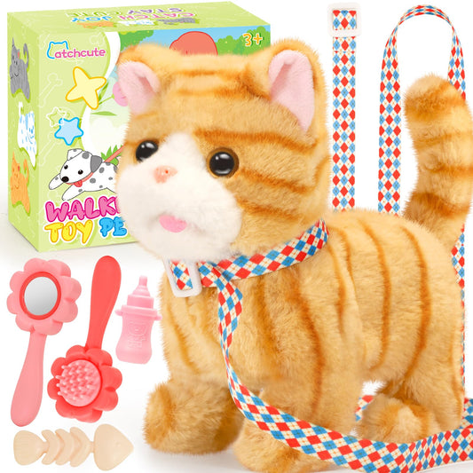 CatchCute Plush Toys Cat for Kids with Leash, Interactive Electronic Kitty That Walking,Meowing, and Tail Wagging, Stuffed Cat Christmas Birthday Gift for Boys and Girls