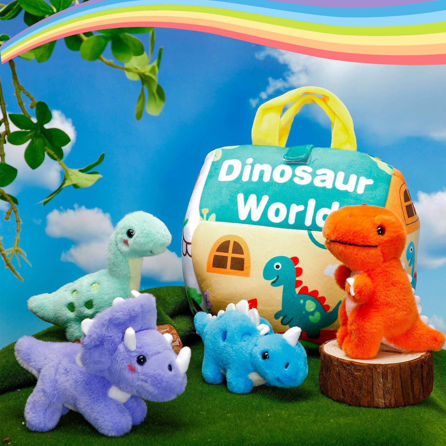 LaRandom 5 Pcs Dinosaur Plush Toys Set with Carry House, 4 Small Stuffed Dinosaurs and Playmat Bag for Dino Birthday Party Favors Goodie Bag Fillers Stocking Stuffers Classroom Prize Gifts