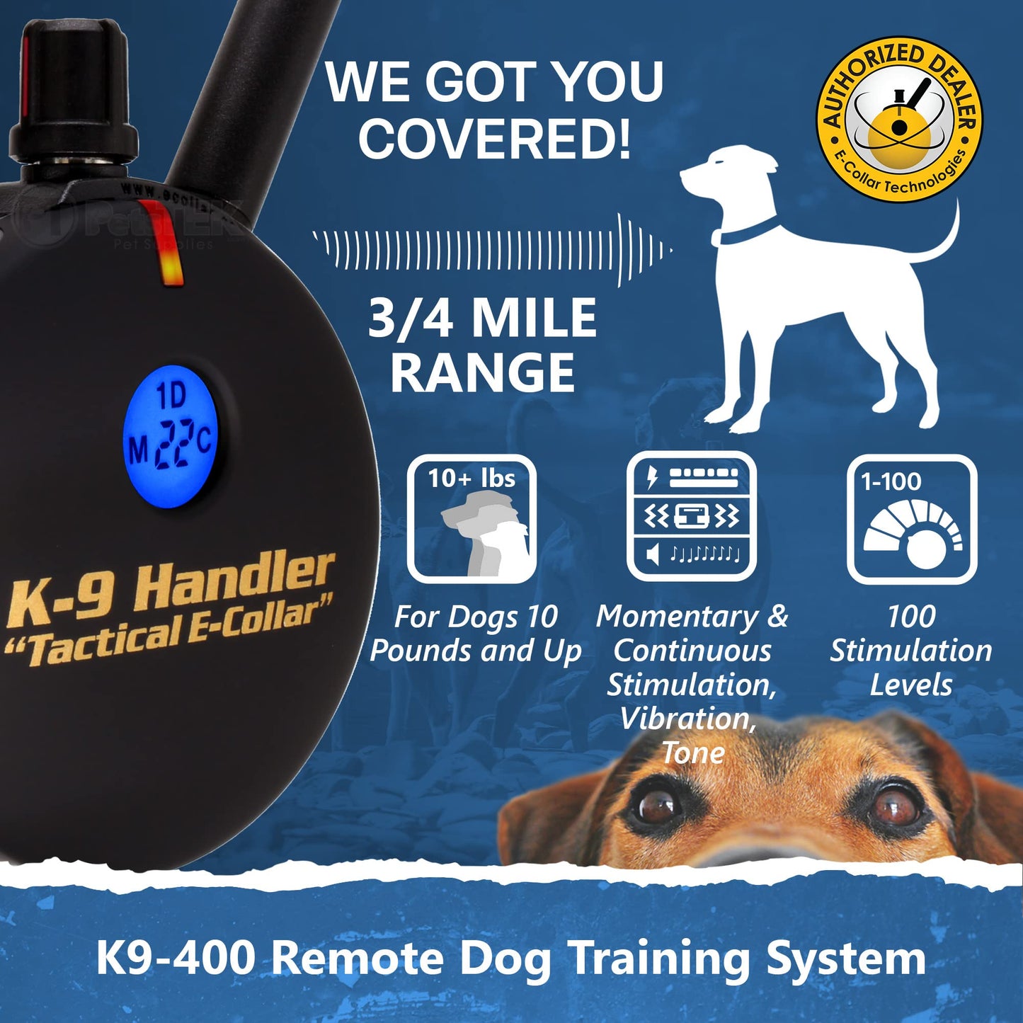 Educator K9-400 Tactical E Collar for Dog Training with Remote - 3/4 Mile Range, Waterproof, 100 Stimulation Levels, Tone or Vibration Mode, Night Light for Small, Medium & Large Dogs (33 inc)