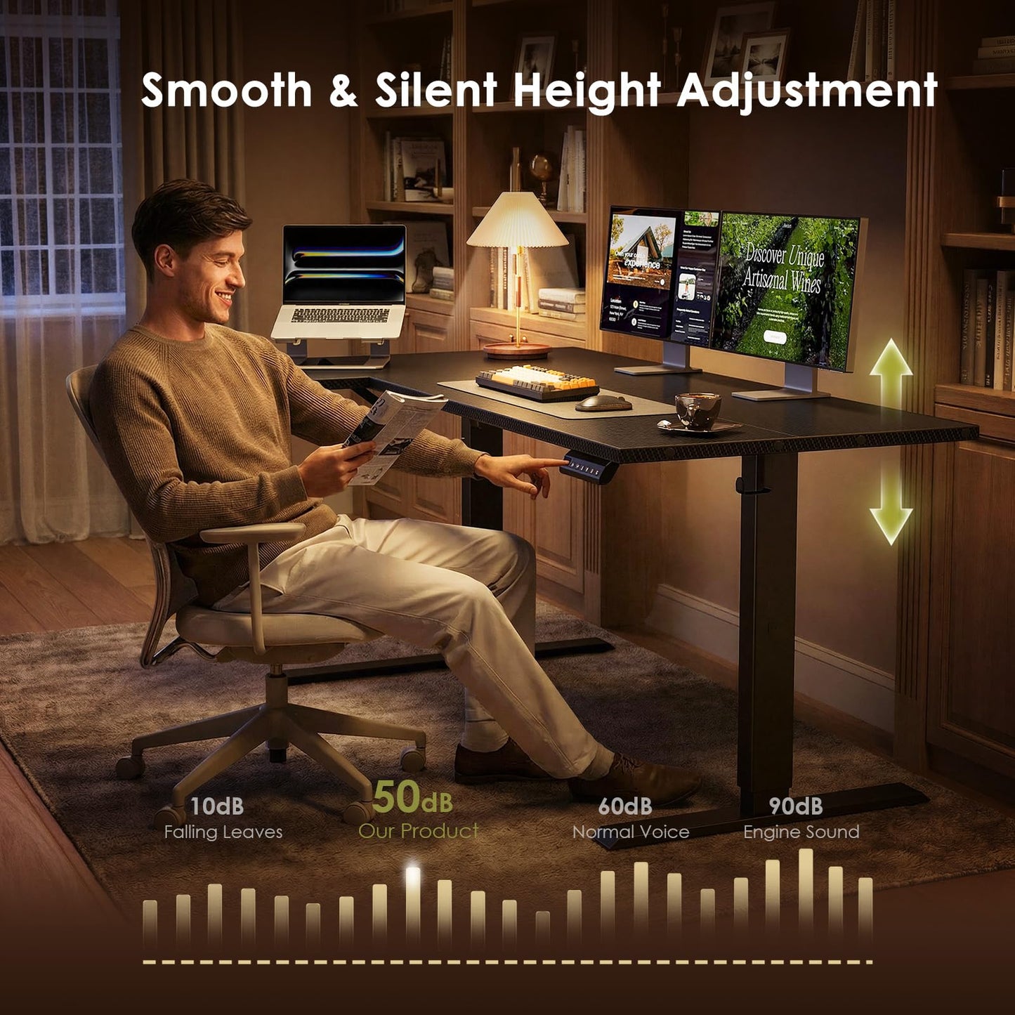 OffiGo Electric L Shaped Standing Desk, 55 Inches Height Adjustable Table, Reversiable Corner Stand Up Desk, Lifting Computer Table for Home Office, Computer Workstation, Carbon Fiber Black