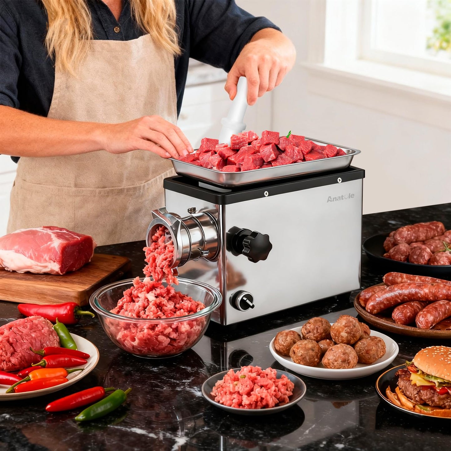 Anatole Commercial Electric Meat Grinder 1.5 HP 1100 W All Stainless Steel Meat Bones Mincer Heavy Duty Sausage Stuffer with 4 Grinding Plate 2 Blades for Restaurant Hotel 110V
