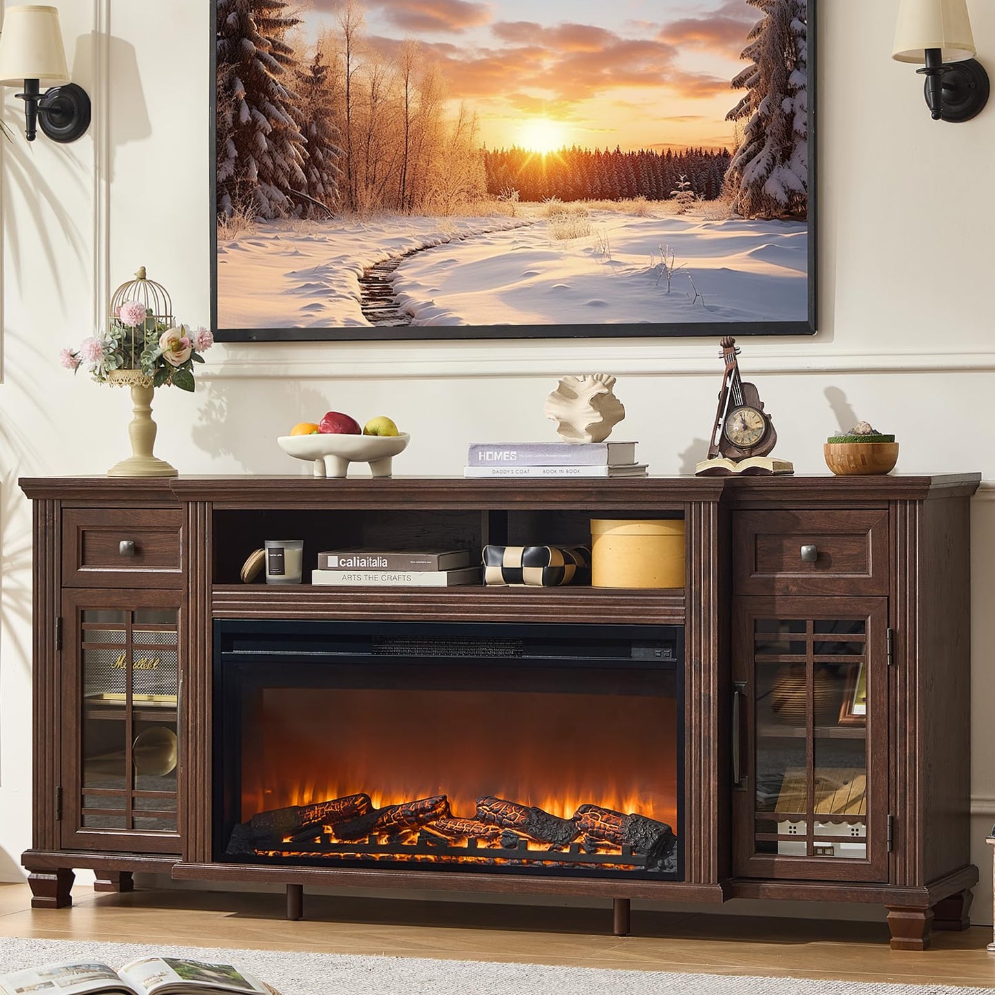 SAVOR LIFE 70" Fireplace TV Stand with 36”Silent Electric Fireplace, Farmhouse Entertainment Center for TVs up to 80", 2 Drawers TV Console with Glass Door Cabinet, Walnut TVs Cabinet for Living Room