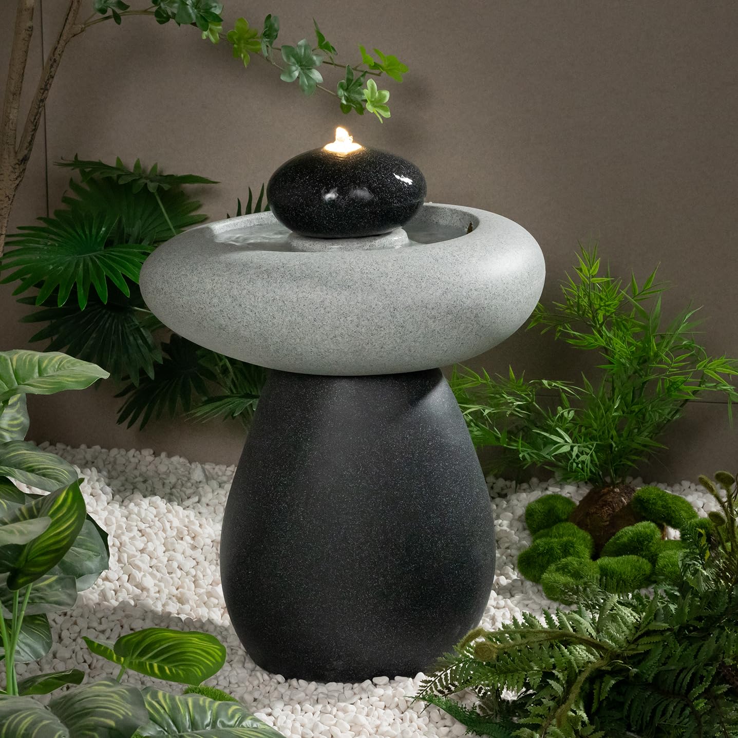 Puulye 24.02" H Outdoor Water Fountain Made with Eco-Friendly Recyclable Materials, Polyethylene Rock Waterfall Outdoor Fountain, Garden Decor with LED Light & Pump for Patio, Backyard