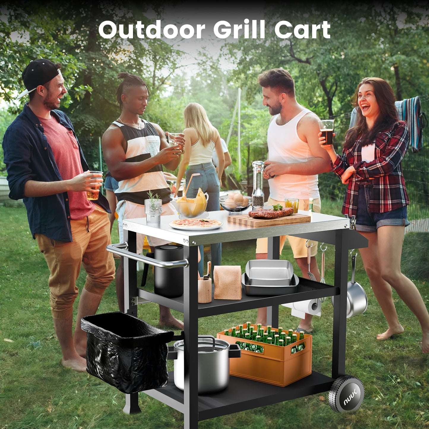 NUUK 3-Shelf Grill Cart for Outdoor with Stainless Steel Top – 20" x 32" Movable Pizza Oven Stand with Wheels Kitchen Prep Table BBQ Cart Worktable