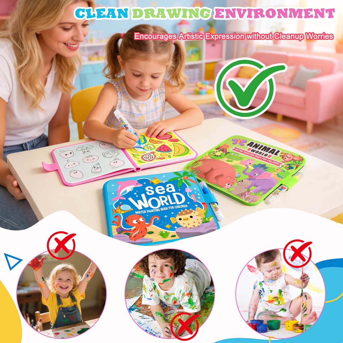 YECHISY Reusable Water Painting Books for Kids: 3 Pack Mess-Free Magic Water Coloring Books - Paint with Water Books, No Mess Coloring Travel Activity Toys for Toddlers Ages 3+