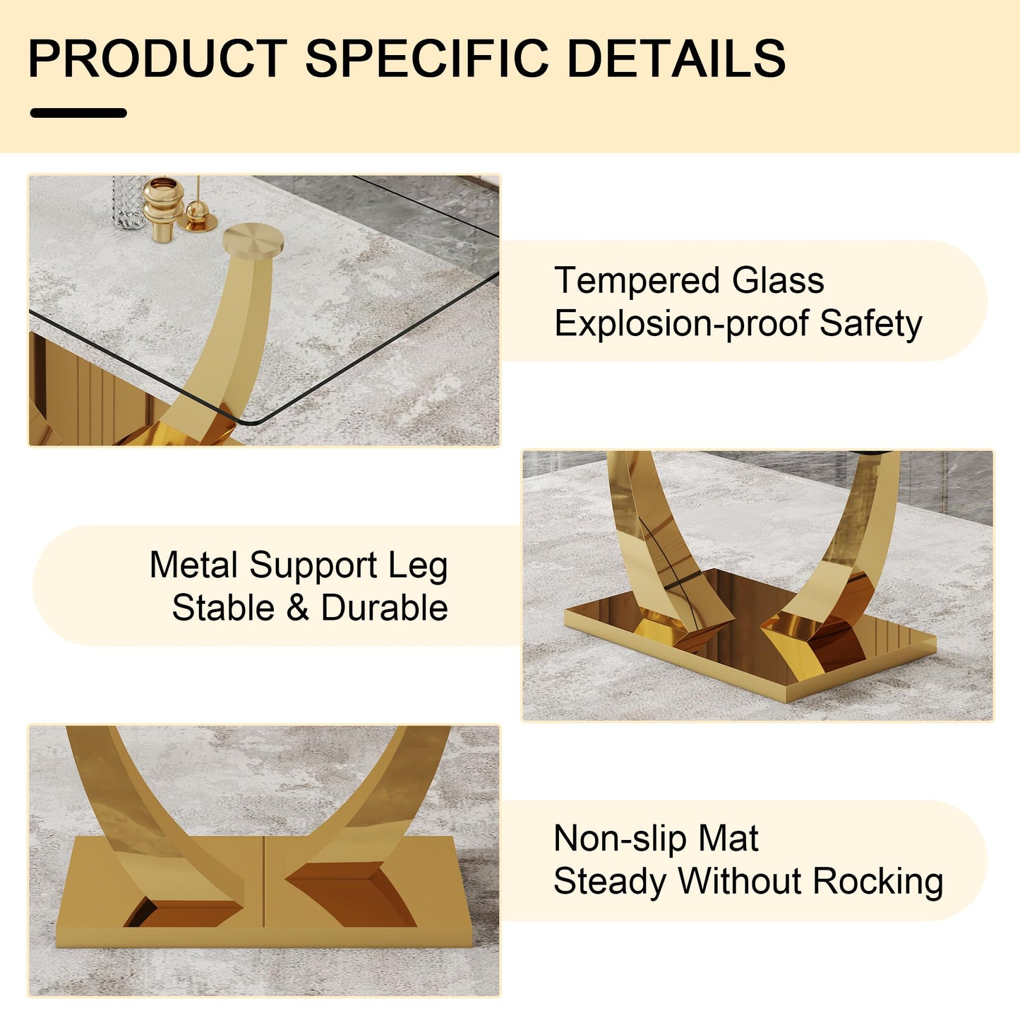 JEARGE Glass Dining Table Set for 6, Modern Kitchen Table Set for 6, 71" Tempered Glass Tabletop with U-Shaped Gold Base, 7 Ppiece Large Dining Room Table Set with White PU Leather Chairs