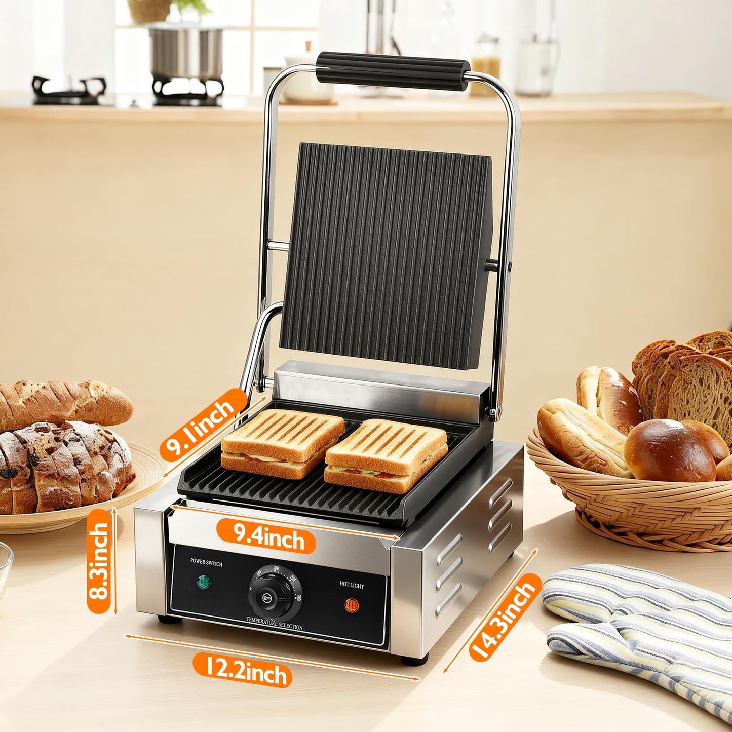 1800W Indoor Electric Grill & Double-Sided Griddle, 50-300°C Adjustable Temperature, 9.1x9.4" Non-Stick Surface for Grilling Steak, BBQ, Sandwiches & Panini, Commercial & Home Kitchen Use