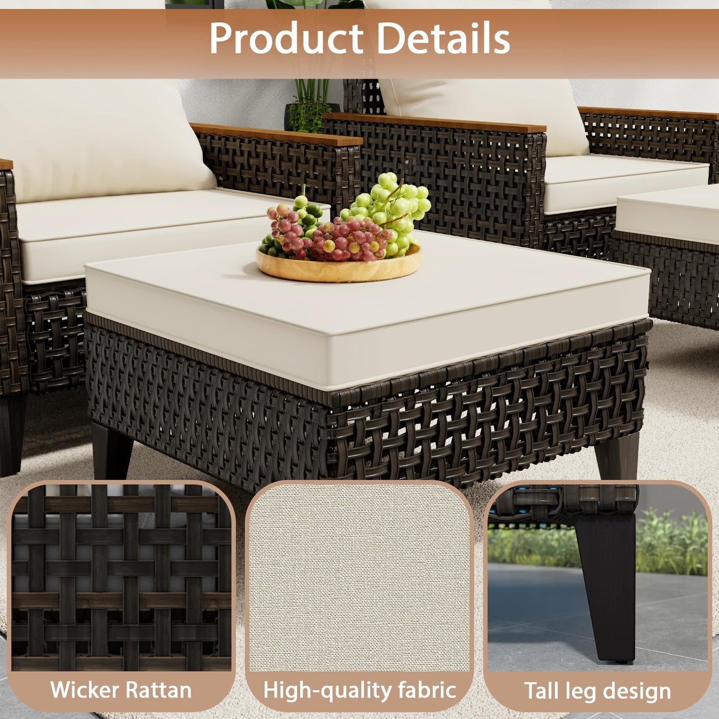 Xmkmvk 7 Piece Patio Sectional Sofa Furniture Set, All-Weather Wicker Rattan Outdoor Conversation Set with High Back and Thick Cushions, for Garden, Porch, Poolside, Beige