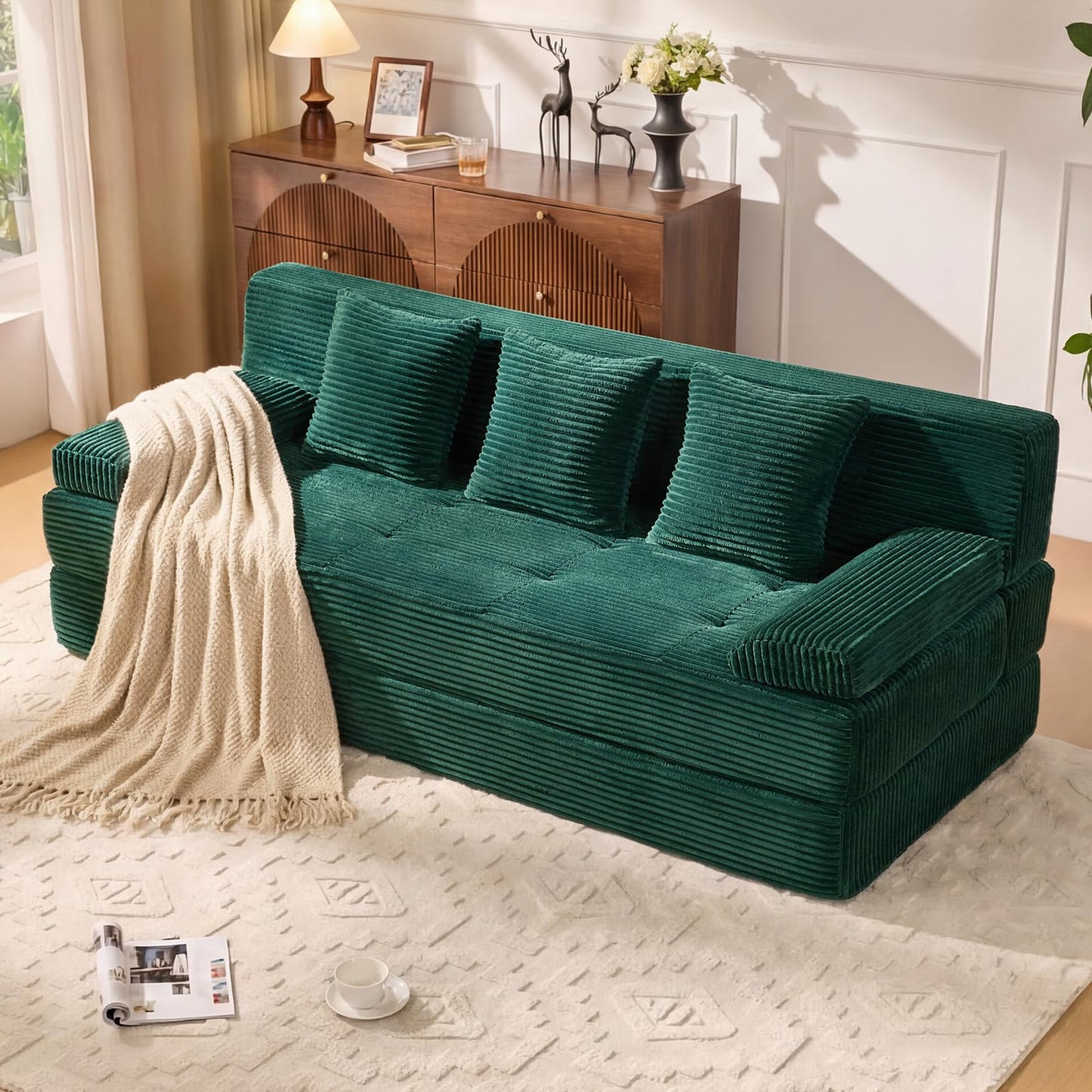LOOMORA 78.7IN Folding Sofa Bed - Convertible Sleeper Sofa Couch with Removable Pillows, 3 Seater Couches Bed for Living Room, Bedroom, Apartment, No Assembly Required, Freestanding, Corduroy, Green