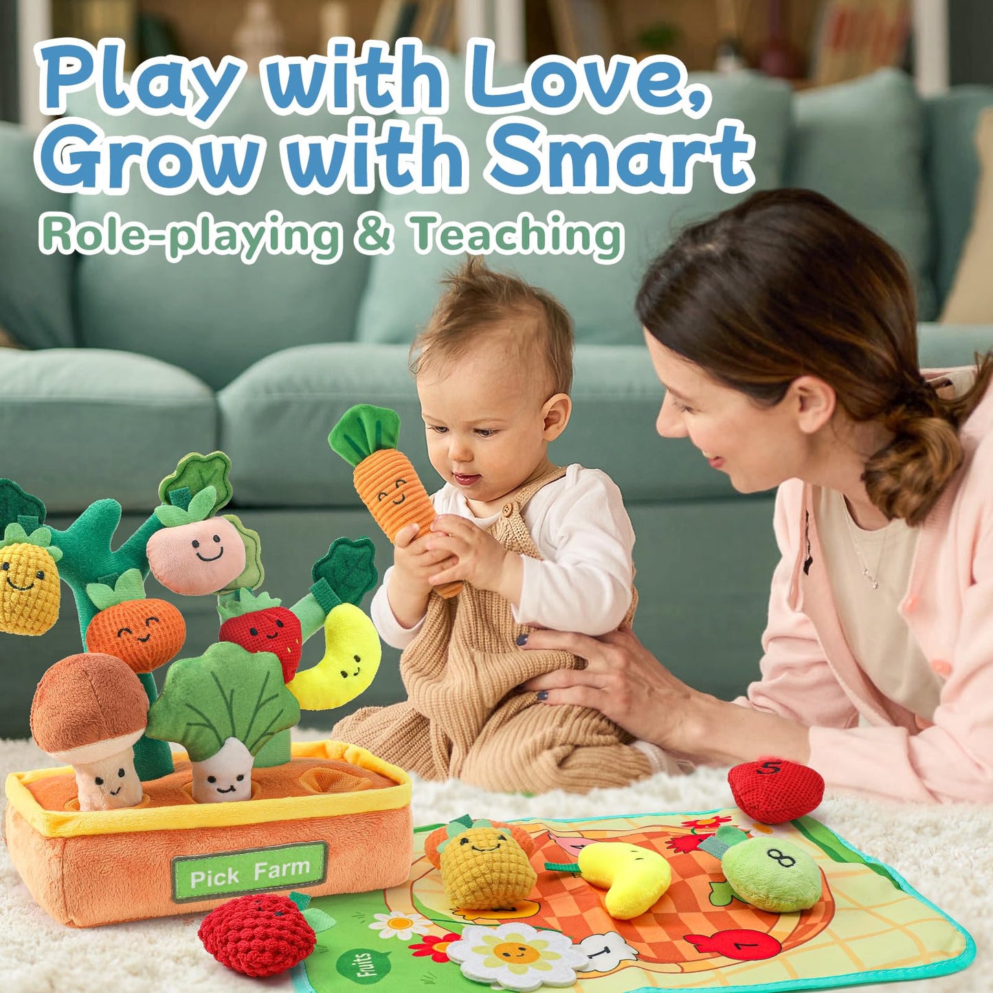 Mini Tudou Baby Toys 6-12 Months-Fruits Veggies Farm Stuffed Toys 15PCS-Sensory Educational Toy Mushroom Carrot with Rattle Squeaker Crinkle Texture Color Shape Number Matching Gifts