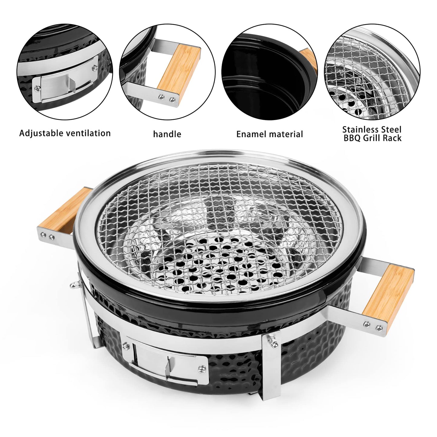 ONLYFIRE GRILLS Ceramic Hibachi Charcoal Grill with Grid Lifter, 14" Portable BBQ Yakitori Grill with Stainless Steel Grate for Outdoor Patio Backyard Barbecue Cooking, GS305