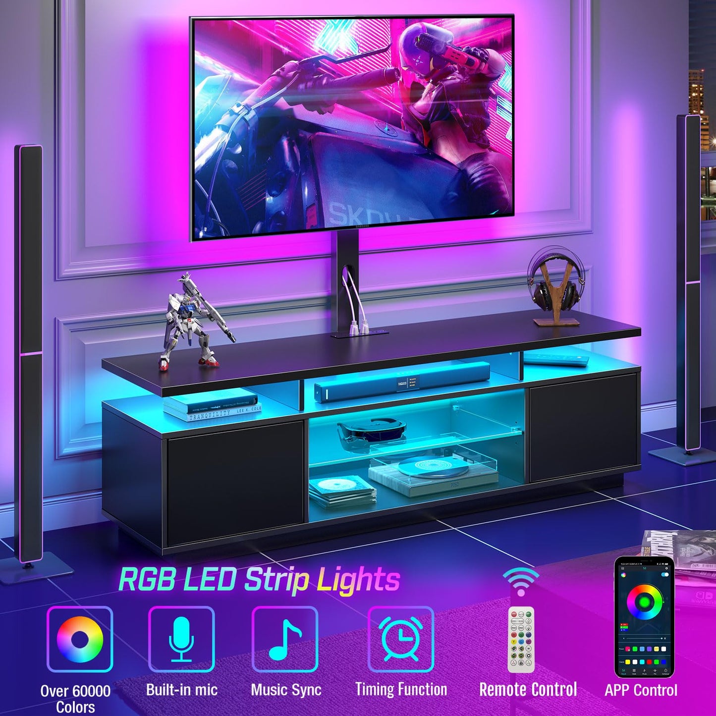 Rolanstar TV Stand with Mount and Power Outlet 59.1", Swivel TV Stand Mount for 32/45/55/60/65/70 inch TVs, Height Adjustable Modern Entertainment Center with Storage & LED Lights, Black TV Table