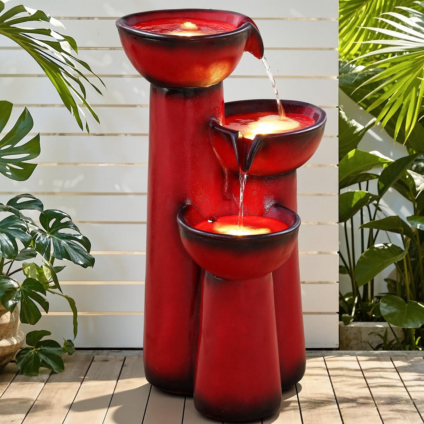 Ultym 27" Outdoor Water Fountain with LED Lights, 3-Tier Cascading Faux Ceramic Column Water Feature with Pump for Garden Patio Backyard, Weather-Resistant Resin Waterfall for Serene Oasis, Red