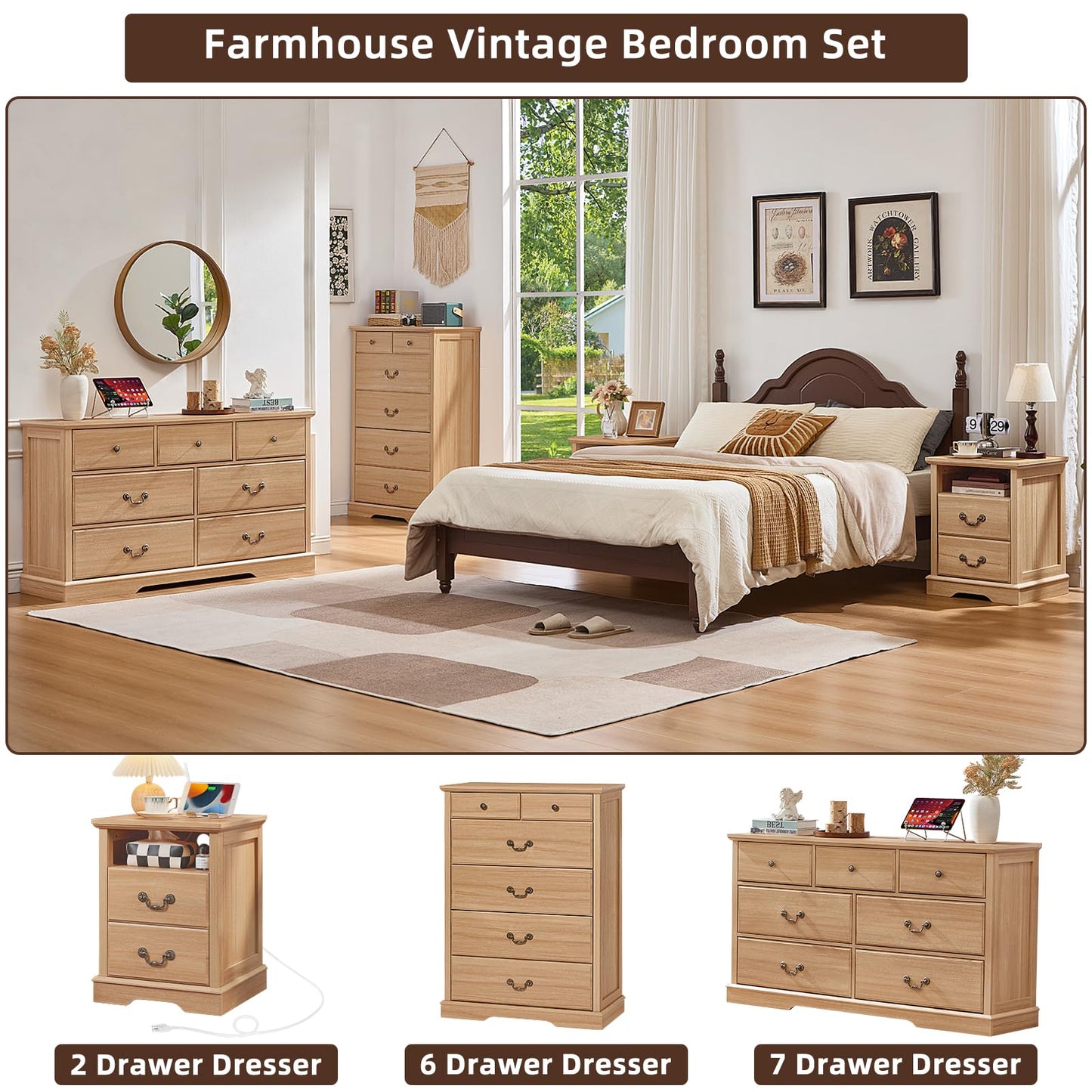 Senfarime Farmhouse 7 Drawer Dresser for Bedroom,57" Wide Wood Rustic Chest of Drawers,Farmhouse Chest of Drawers for Bedroom,Wood Drawer Organizer for Bedroom,Hallway,Natural