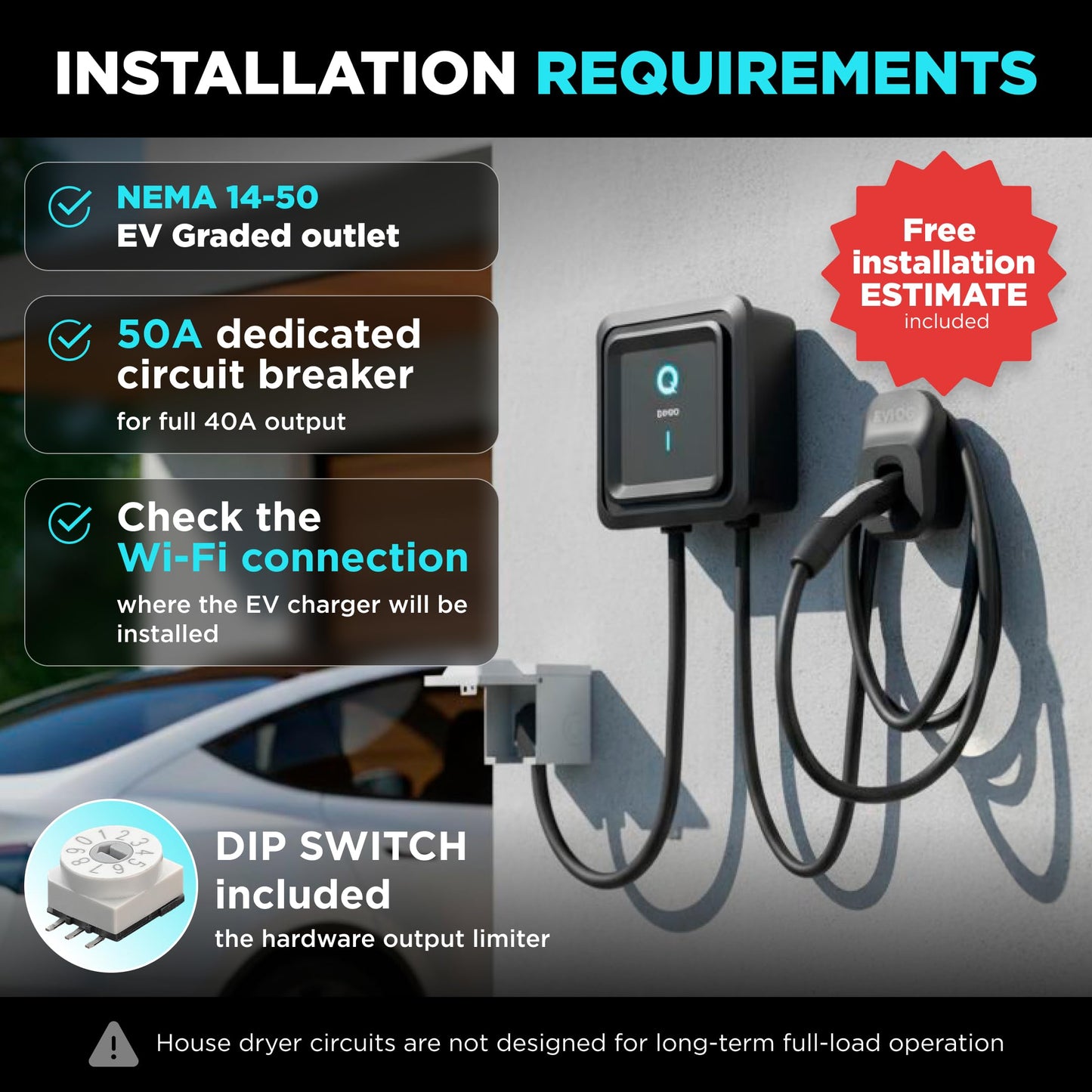 EVIQO NACS Charger for Tesla 40 Amp Plug-in Level 2 EV Charger w NEMA 14-50 Plug, Wall EV Charger Level 2, 25ft Cable, WiFi (2.4 GHz) Smart App - Weatherproof, Outdoor (IP66,NEMA 4) UL, ETL Certified