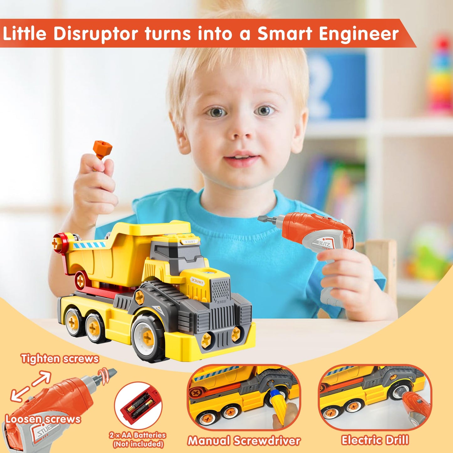 EKU EASYKU 11inches Large Take Apart Construction Toys Dump Trucks for Boys Girls Kids 3-5 6-8 Year Old Electric Drill Set Assembly Building Toys Learning Toys