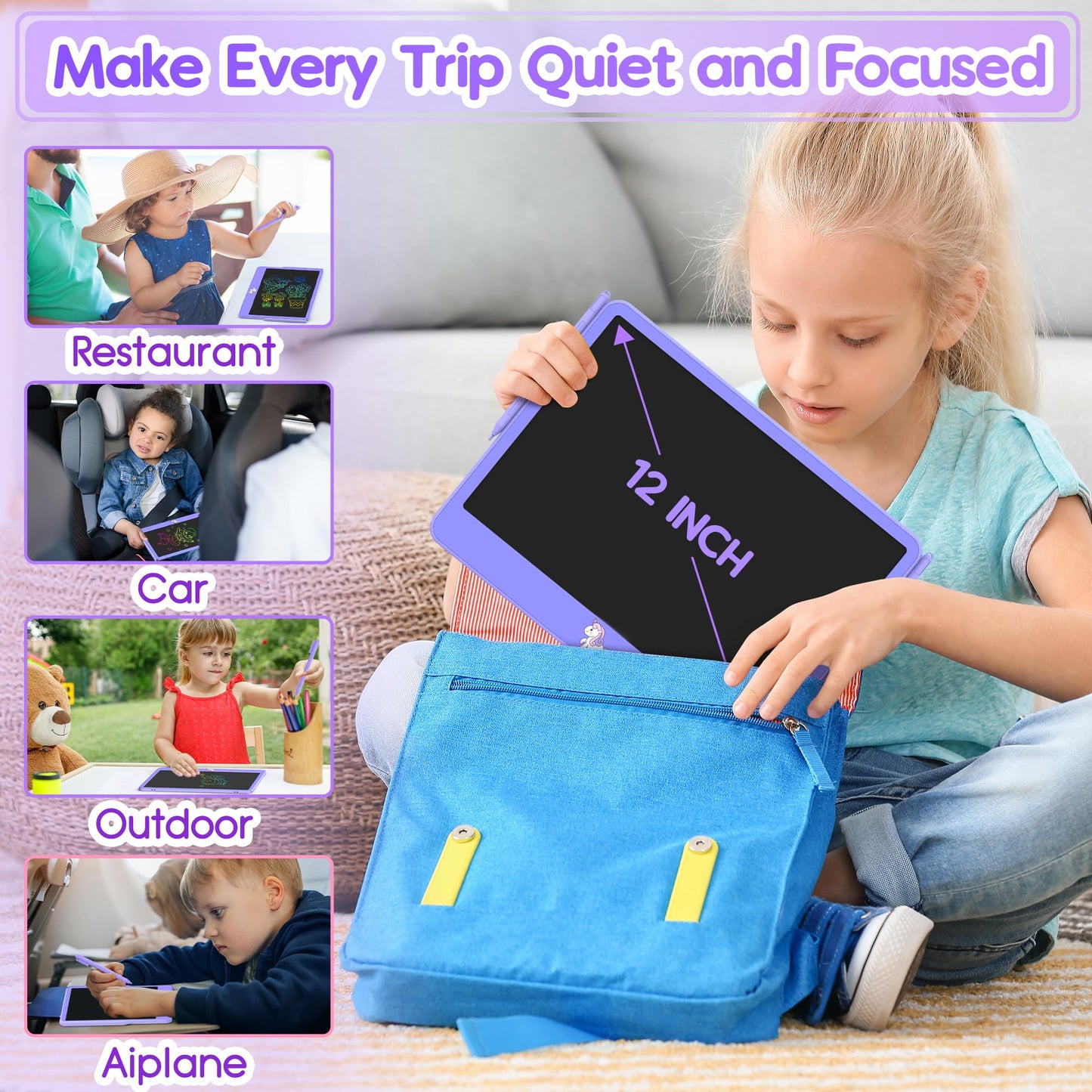 LCD Writing Tablet for Kids 12 Inch, Learning Toys Drawing Pad for Boys Girls, Erasable Doodle Board for Toddlers 3 4 5 6 7 8 Year Old Travel Essentials, Christmas Birthday for Kids - Purple