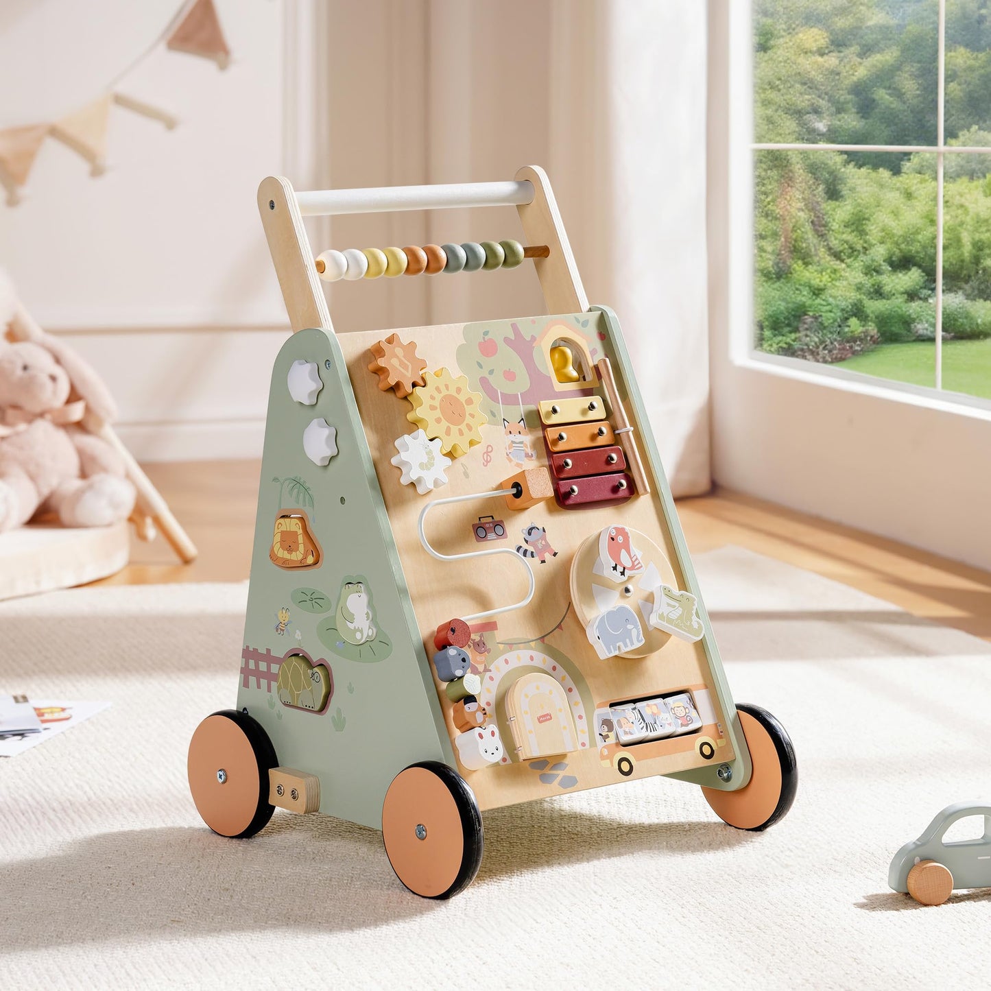 ROBOTIME Baby Walking Toy, Adjustable Speed & Height Wooden Baby Walker Push Toy, Montessori Toddler Push Toy with Brake, Storage & Multi-Activity Play Center for 10M+ Kids (Forest Fairy Tale)