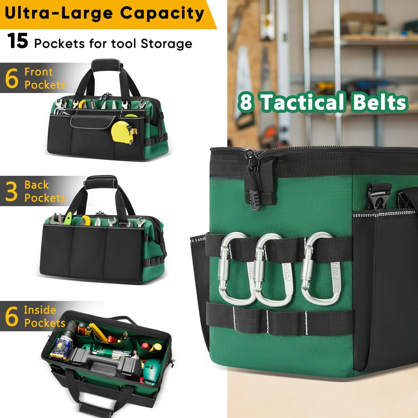FRECOLSH Heavy Duty Tool Bag for Men with Wrench Organizer – Empty Toolbox Organizer Storage with Anti-Slip Base, Large Zipper Opening – Mechanic Gift for Men, Father's Day