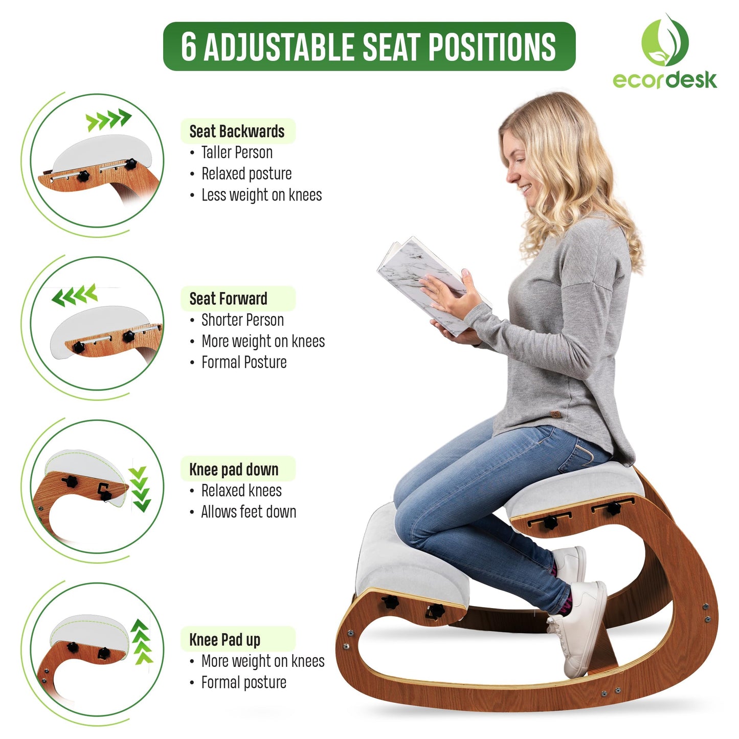 Ecordesk Ergonomic Kneeling Chair, Adjustable Seat - Office Chair for Desk, Posture Corrector, Premium Comfort Cushion, Wooden Rocking Knee Chair (Pecan)