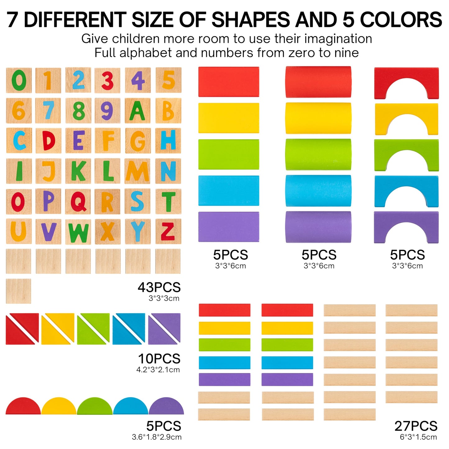 MOMOARI Alphabet Number Wooden Building Blocks Set -100 Blocks in 5 Water Paint Colors and 7 Shapes. Preschool Montessori Kids Baby Toys. Stacking Learning Toys for Toddlers. Age 18 Months +