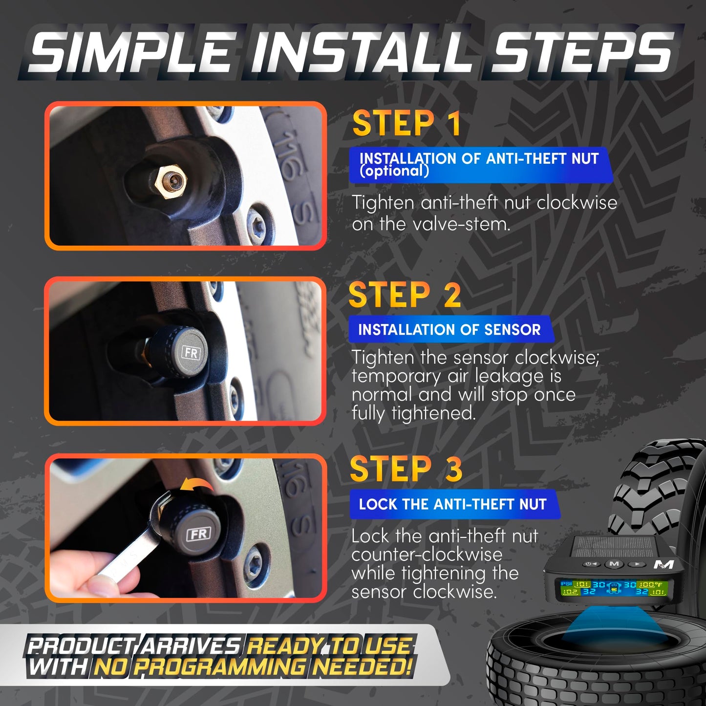 MARCALA TPMS Sensors Set of 4 | External Tire Pressure Sensors Pack of 4 | Tire Monitoring System for SUV, Truck & Autos | Auto-Dim Bright LCD Display 0-98PSI | Prevent Blowouts, Flats & Drive Safely!