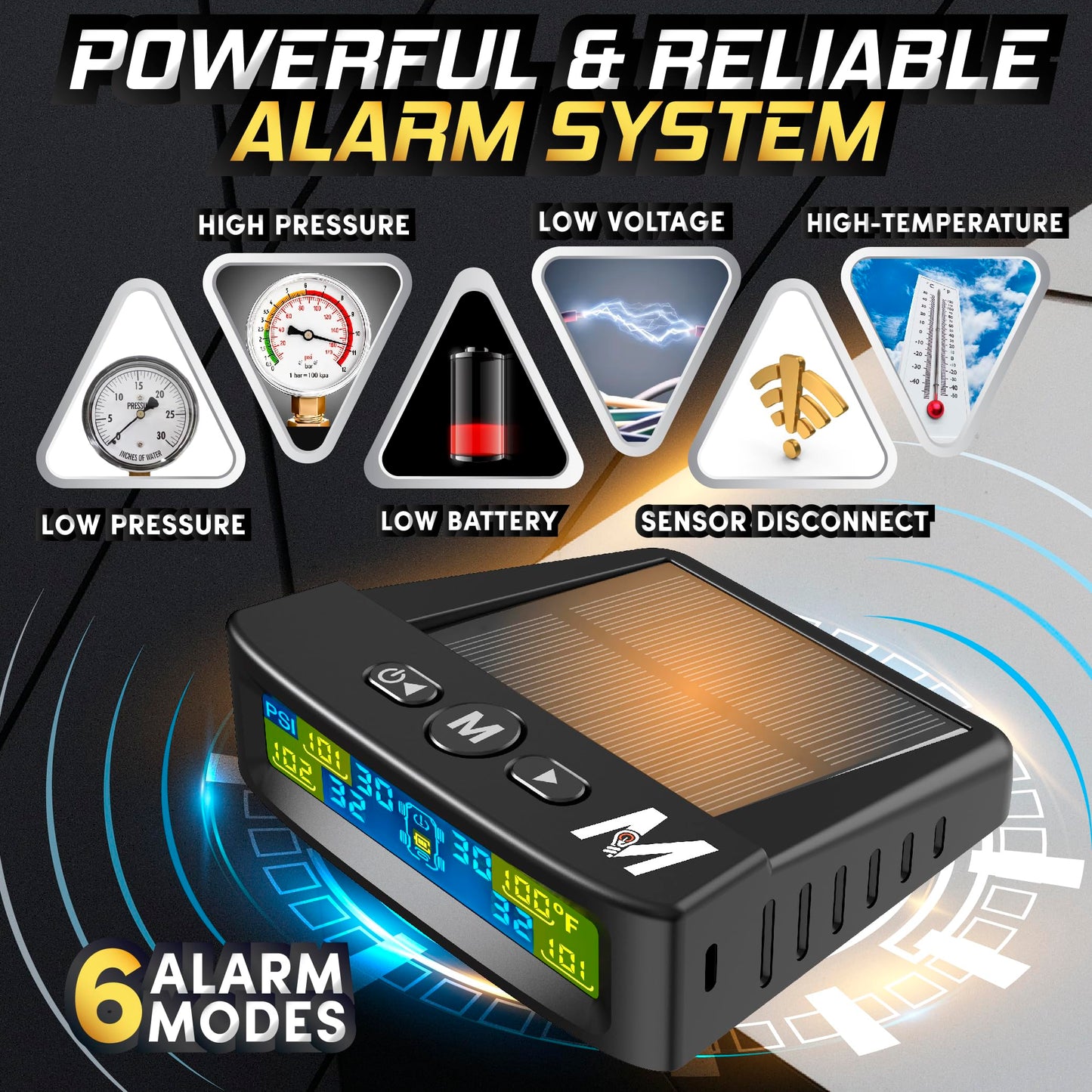 MARCALA TPMS Sensors Set of 4 | External Tire Pressure Sensors Pack of 4 | Tire Monitoring System for SUV, Truck & Autos | Auto-Dim Bright LCD Display 0-98PSI | Prevent Blowouts, Flats & Drive Safely!