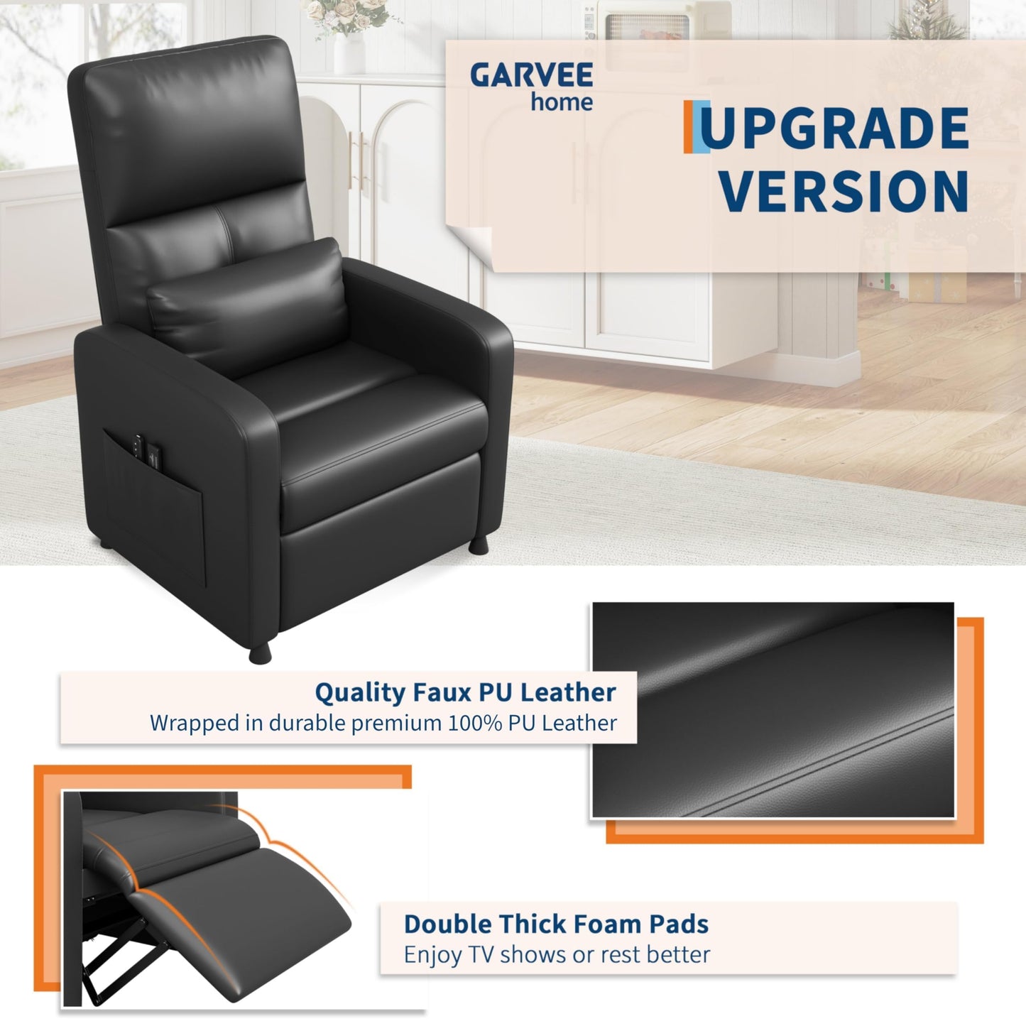 Ergonomic Power Recliner Chair with Heat & Massage, Electric Recliner, Tall Back, Overstuffed PU, Side Pockets, Heated Recliner for Living Room, Home Theater & Game Rooms