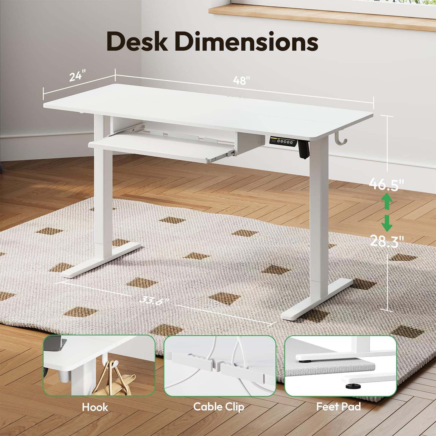 Gamork Electric Standing Desk with Keyboard Tray,48x24 inches Adjustable Height Stand Up Desk,3 Preset Heights,Equipped with Hooks,Raising Desks for Home Office and Computer Workstation,Black