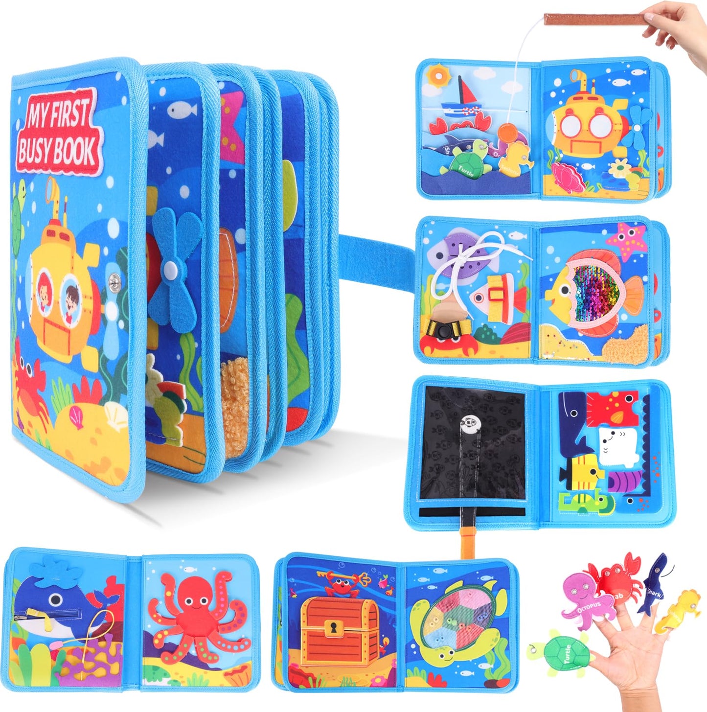 FoenixArte Ocean Busy Book for Toddlers 1-3, Montessori Quiet Book with 20 Activities, Travel Toy for Fine Motor Learning, Gift for Boys Girls