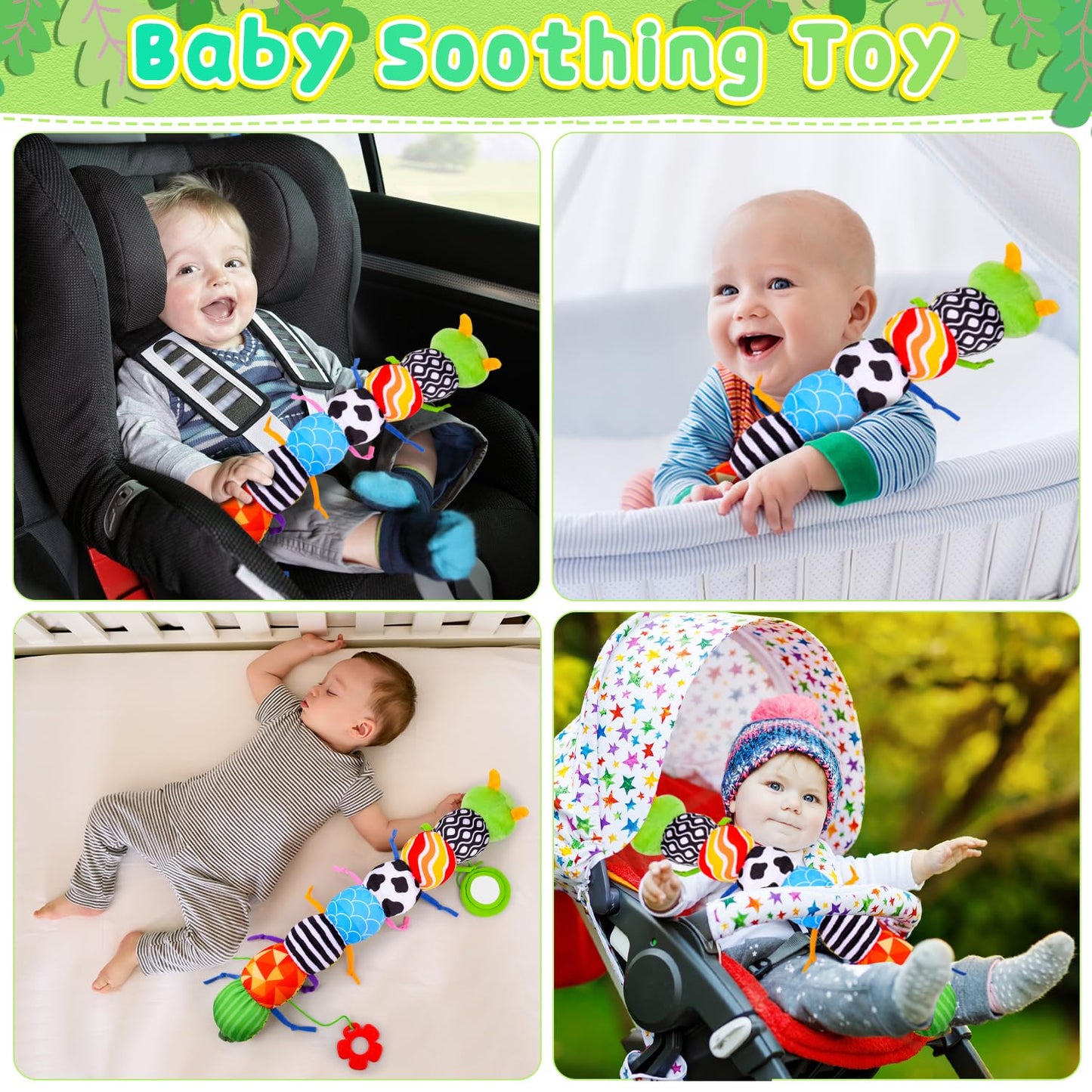 Vpkefla Baby Toys 0 to 12 Months, Stuffed Animal Infant Tummy Time Toys Sensory Toys with Crinkle, Rattles, Textures and Mirror Gifts for Newborn Boy Girls Toddlers, Caterpillar Musical Toy (Green)