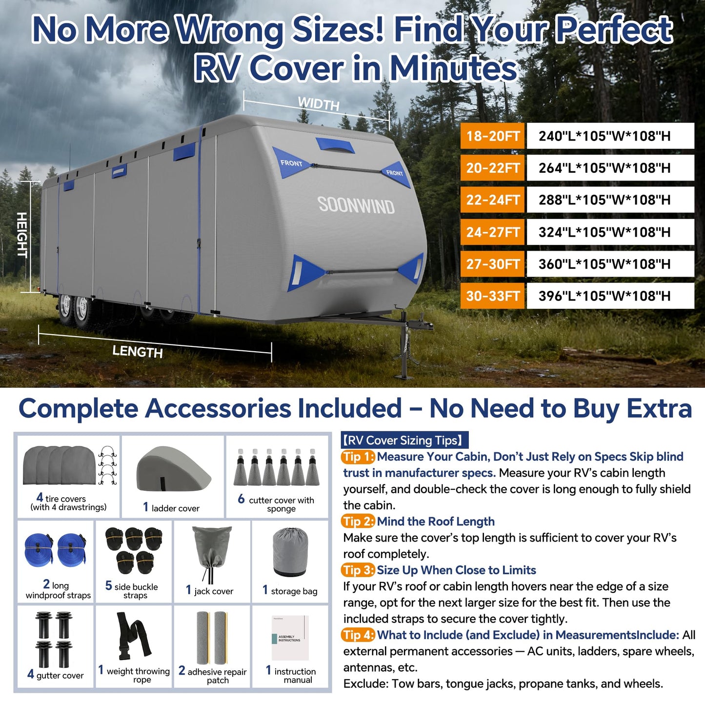 SOONWIND Heavy Duty 7 Layers RV Cover, Camper Cover & Travel Trailer Cover 18-20ft, Waterproof Windproof All-Weather Protection with Tongue Jack Cover, Gutter Covers & Reinforced Straps - Blue