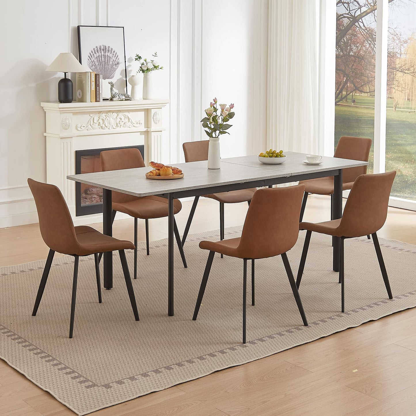 HIPIHOM 63"- 78.7" Extendable Dining Table with 6 Brown Dining Chairs, Modern Kitchen Table Set for 6, Thickened Expandable MDF Wooden Table with Metal Legs for Dining Room, Kitchen, Home