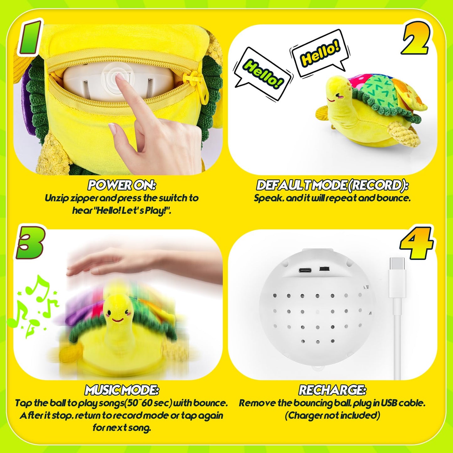 Esjay Baby Toys 6-12 18 Months, Crawling Musical Turtle Plush Tummy Time Toy, Dancing Bouncing Recording Walking Sensory Toys for 6 Month+ Old Infants, Gifts for 1 2 3 Year Old Boys Girls Toddlers