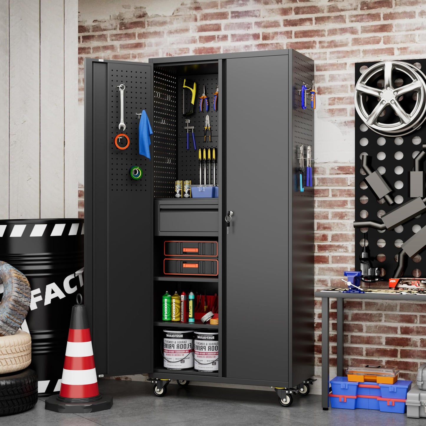 Reemoon 71" H Garage Storage Cabinet with Wheels and Doors,Metal Tool Storage Cabinet with Pegboard and Drawer for Garage Warehouse Home,Required Assembly,Black
