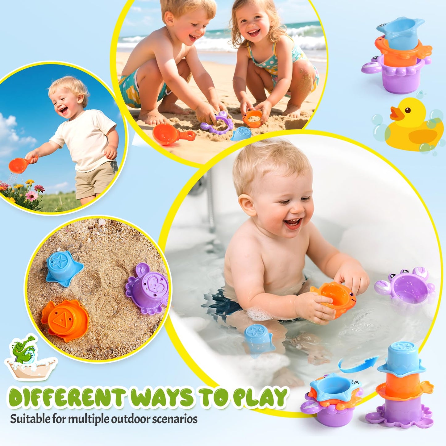 Baby Bath Toys for Kids Ages 1-3 Interactive Toddler Bath Toys Duck Sensory Bathtub Water Shower Toys with 3 Stacking Cups for 12+ Months Boys Girls Birthday Gifts