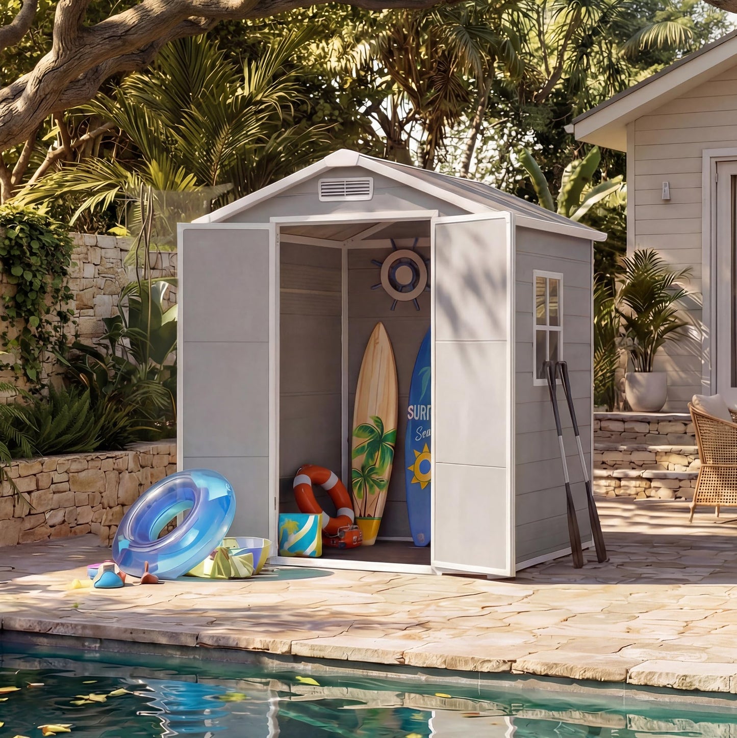 6x4 FT Outdoor Storage Shed with Floor, Plastic Resin Garden Shed with Window & Sloping Roof & Lockable Door for Patio Backyard Garden, Lawn Mower, Bike, Tool Storage