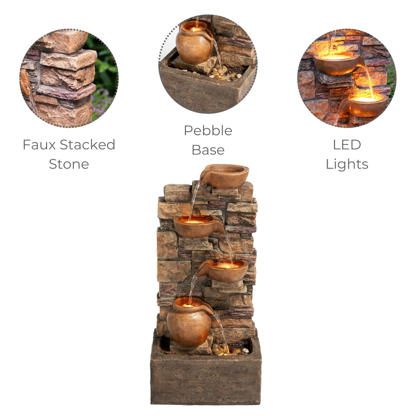 Teamson Home 28.5" Outdoor 4-Tier Stacked Stone Cascading Water Fountain with LED Lights, Brown