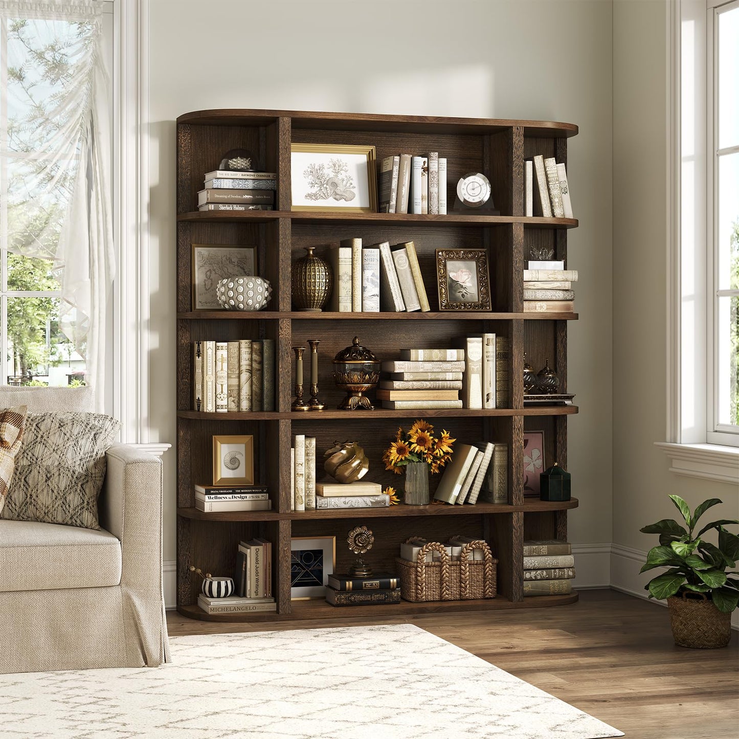 TVU 5-Tier Wood Book Shelf, 47" Wide Large Bookshelf and Bookcase, 62" Tall Bookshelf with Curved Side Shelves, Freestanding Wood Display Book Shelves for Living Room, Home Office, Walnut