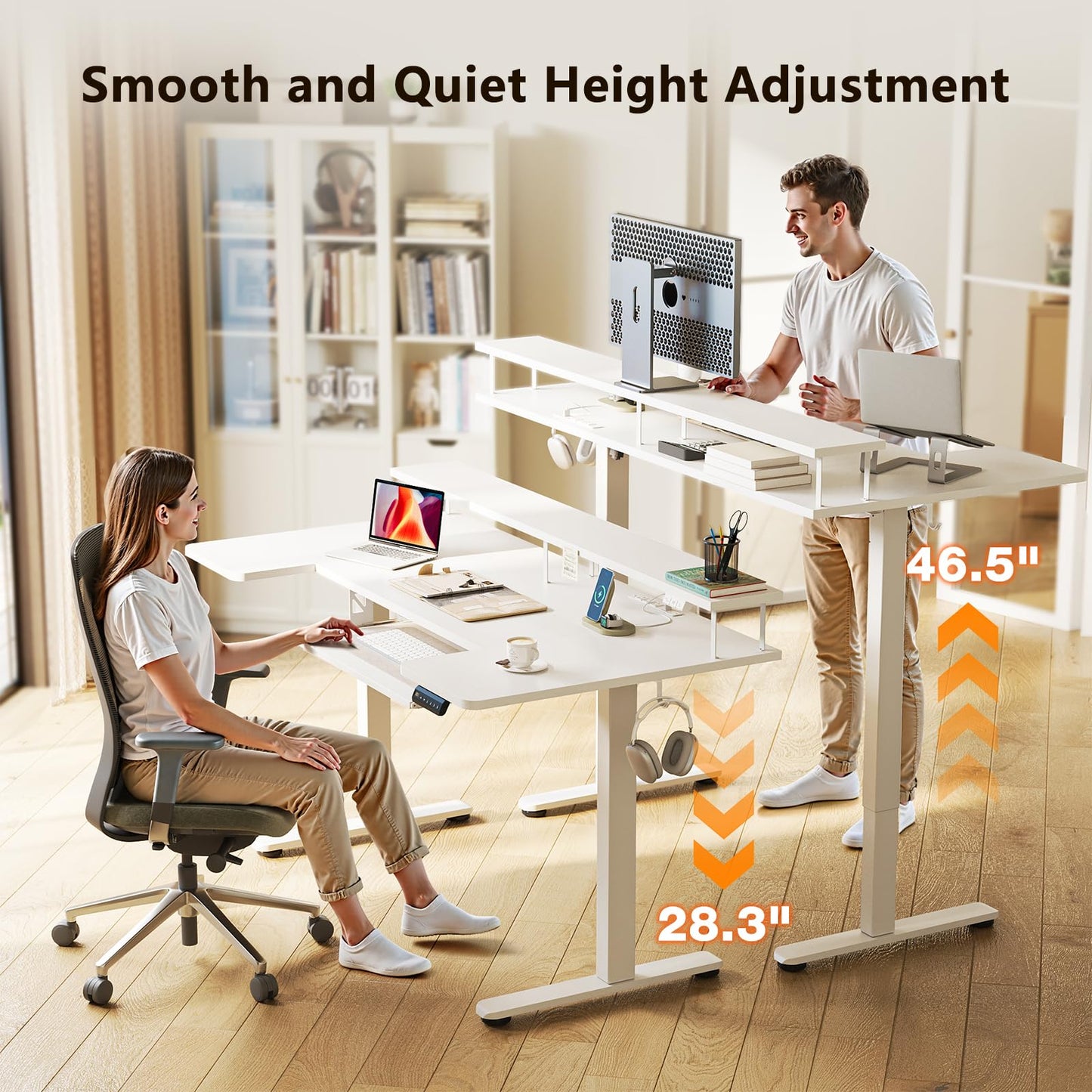 OffiGo U Shaped Electric Standing Desk with Keyboard Tray, 55 Inch Height Adjustable Desk with Power Outlets & LED Lights, Sit Stand Table with Monitor Stand for Home, Office, White