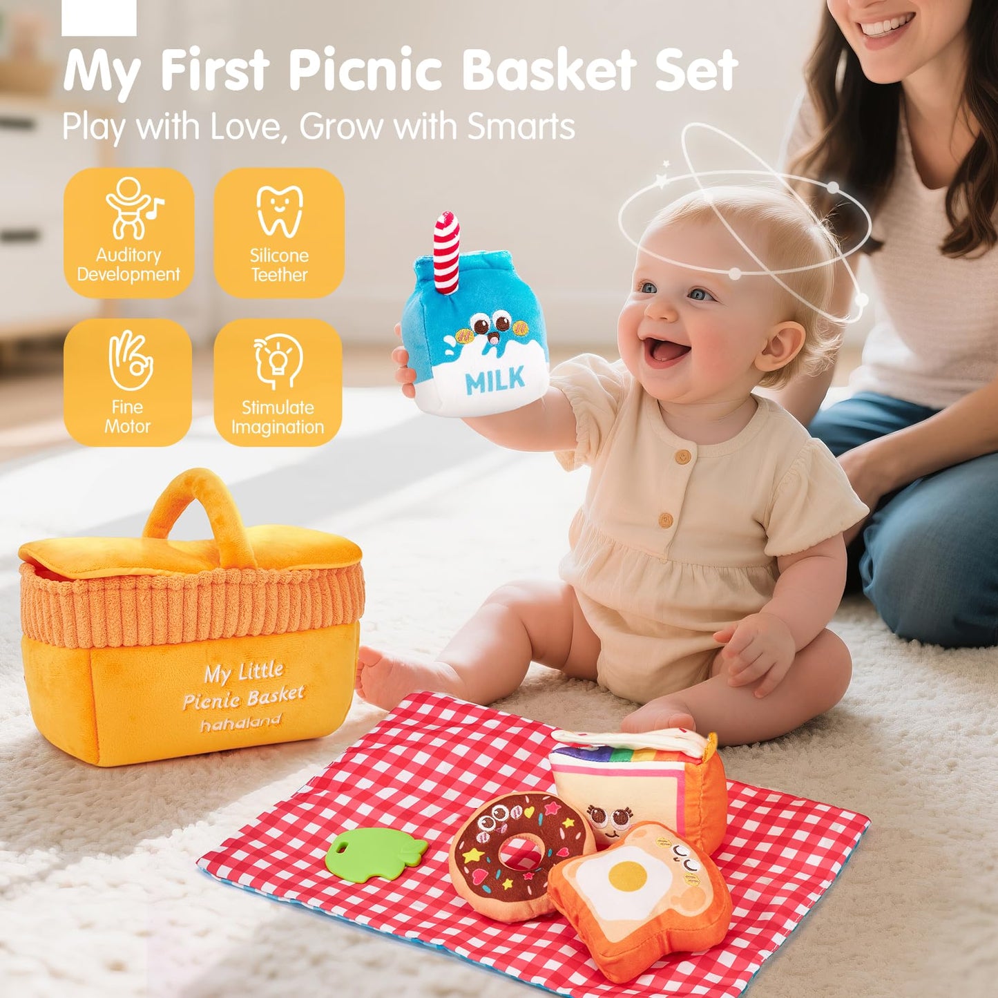 Hahaland Baby Toys 6-12 Months – Picnic Basket Sensory Toy with Crinkle, Rattles, Teether & Mirror, Montessori Play Food Plush for Early Development, Christmas Gifts for 1+ Years Boys & Girls
